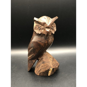 Wooden Owl Bird Figurine On Perch 5” Tall‎ Solid